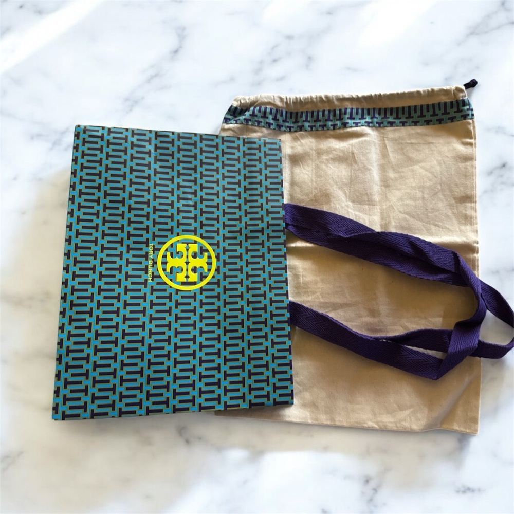 Tory Burch Blue and Yellow Patterned Shopping Bag with Beige Tote